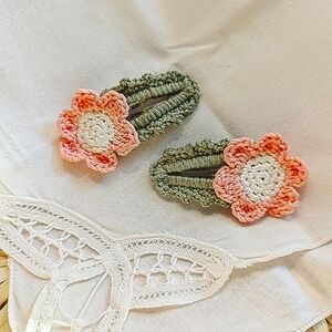 Handcrafted Vintage Crochet Hair Clips, With Pink & White Flowers